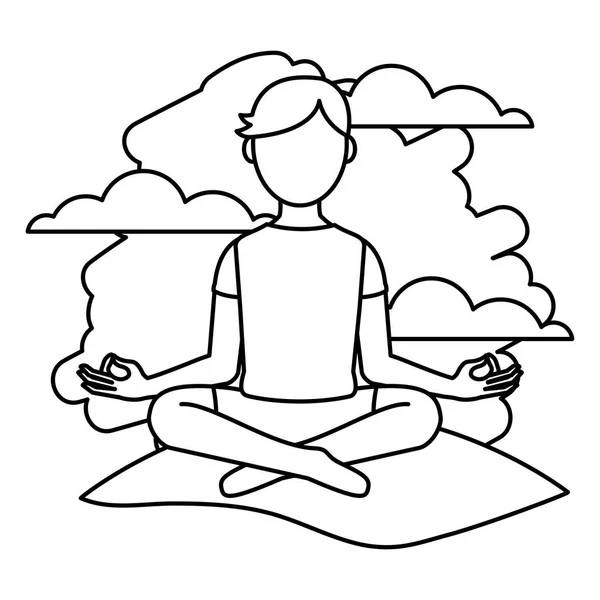 Línea Hombre Sentado Yoga Posición Paisaje Vector Ilustración — Archivo Imágenes Vectoriales