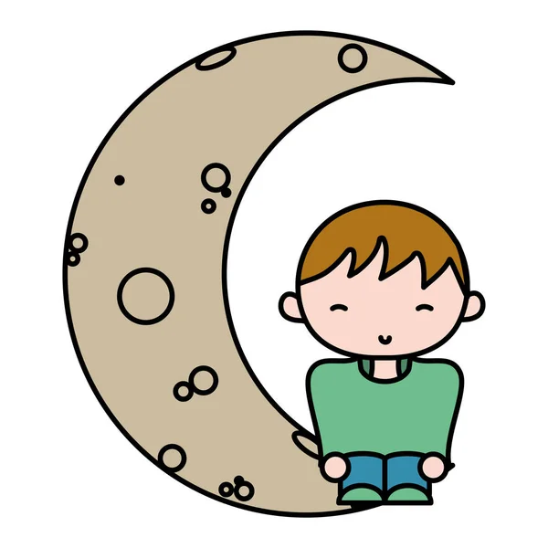 颜色男孩与休闲的衣着座位在月亮向量例证 — 图库矢量图片