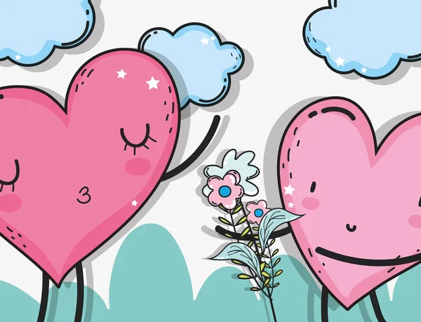 Corazones Pareja Con Nubes Flores Plantas Vector Ilustración — Vector de stock