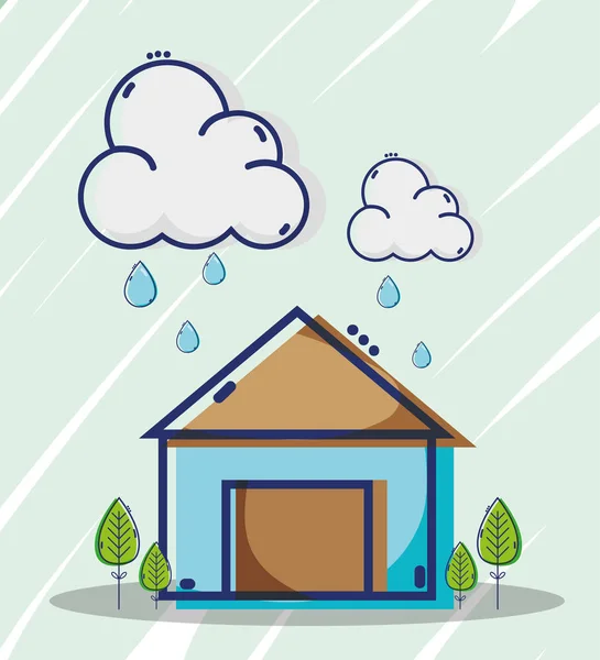 liner house with clouds raining weather vector illustration