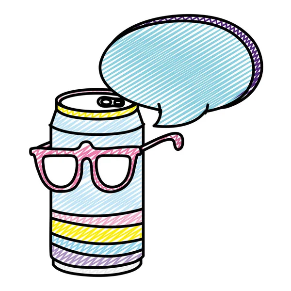 Doodle Kawaii Soda Může Brýlemi Chat Bubliny Vektorové Ilustrace — Stockový vektor