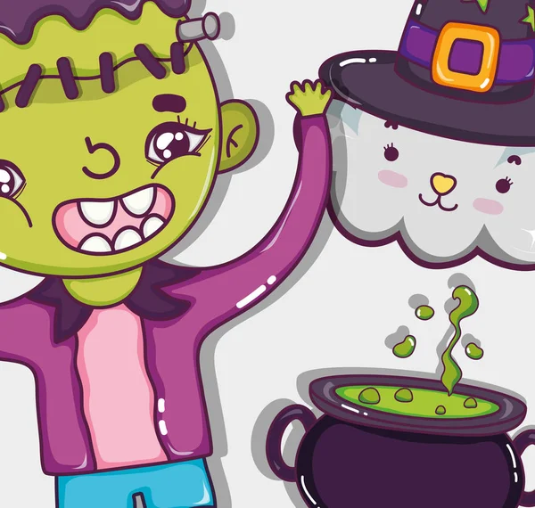 Halloween frankenstein and cloud with soup pot cartoons vector illustration graphic design