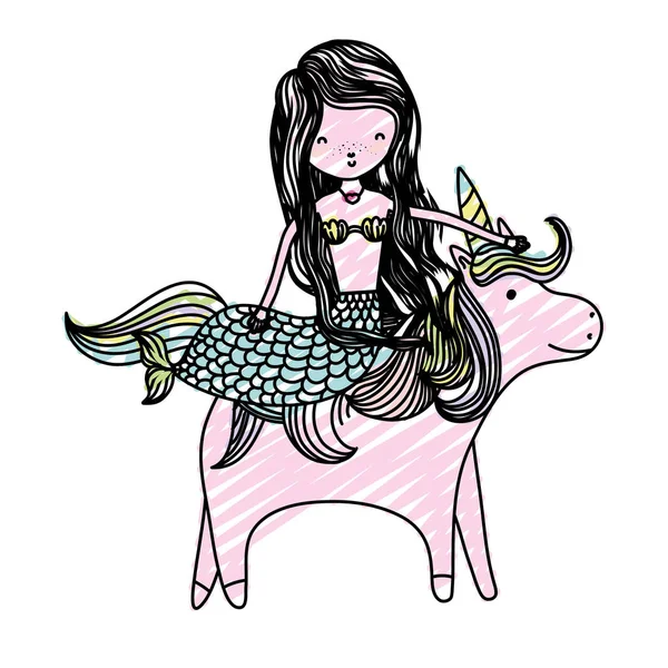 Wanita Cantik Doodle Siren Naik Lucu Unicorn Vector Ilustrasi - Stok Vektor