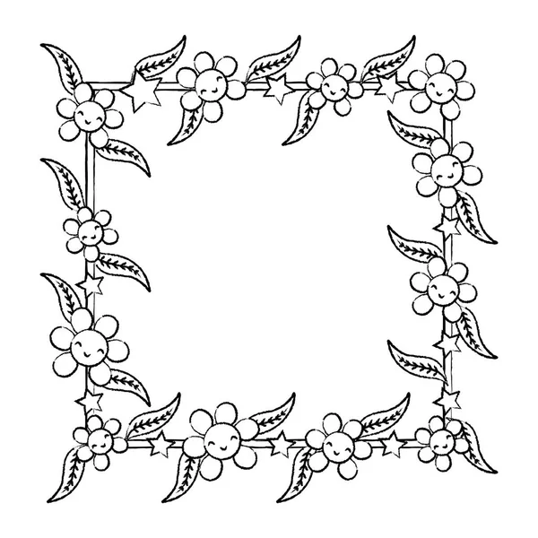 Grunge Kawaii Glückliche Blumen Und Blätter Zur Quadratischen Dekorationsvektorillustration — Stockvektor