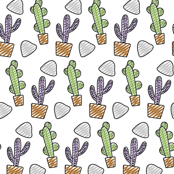 Doodle Cacto Planta Dentro Vaso Flores Pedras Fundo Vetor Ilustração — Vetor de Stock