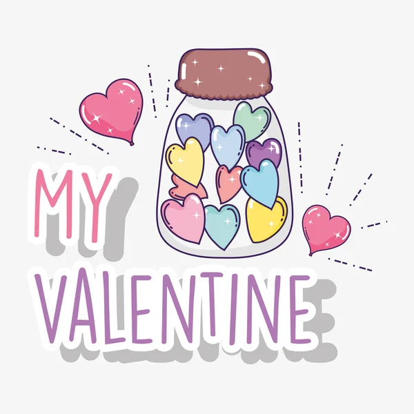 Felice Giorno San Valentino Con Bottiglie Caramelle Cuori Vettoriale Illustrazione — Vettoriale Stock