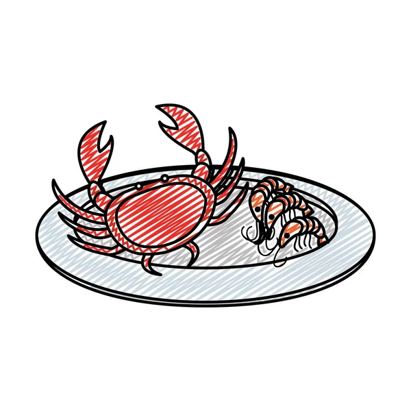 Doodle Αστακούς Και Καβούρια Θάλασσα Τροφίμων Στην Εικόνα Διάνυσμα Πλάκα — Διανυσματικό Αρχείο
