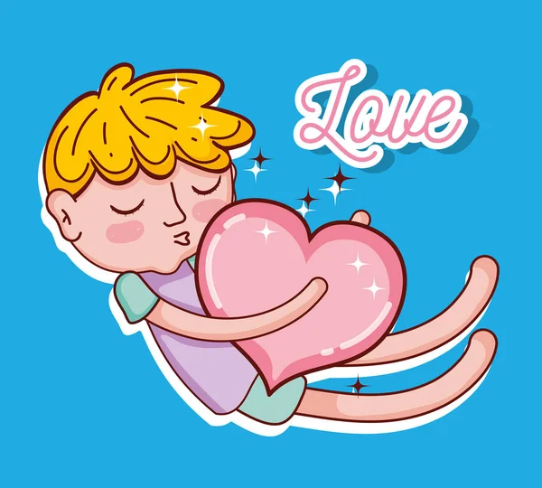 Cute boy in love flying with heart cartoons vector illustration graphic design