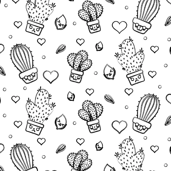 Grunge Kawaii Cacto Planta Com Coração Folhas Fundo Vetor Ilustração — Vetor de Stock