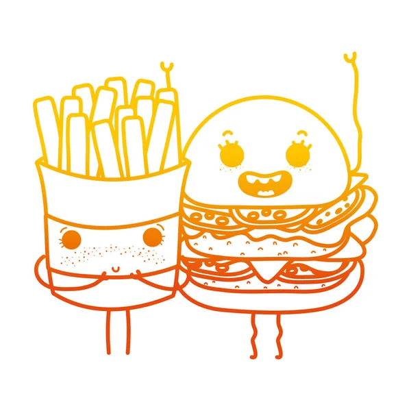 Trasiga Linje Kawaii Blyg Pommes Frites Och Glad Hamburgare Vektorillustration — Stock vektor