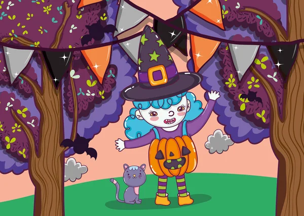 Halloween witch and cat cute cartoons vector illustration graphic design