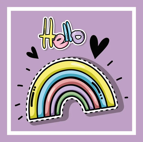 Hallo Karte Mit Herzen Und Regenbogen Niedlich Cartoons Vektor Illustration — Stockvektor