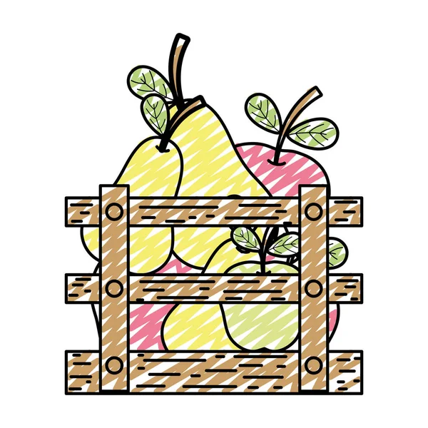 Doodle Αχλαδιές Και Μηλιές Νόστιμα Φρούτα Μέσα Ξύλινο Κουτί Εικονογράφηση — Διανυσματικό Αρχείο
