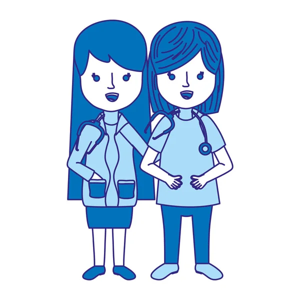 Duo Color Mujeres Médicos Con Herramienta Estetoscopio Ilustración Vectorial Uniforme — Archivo Imágenes Vectoriales