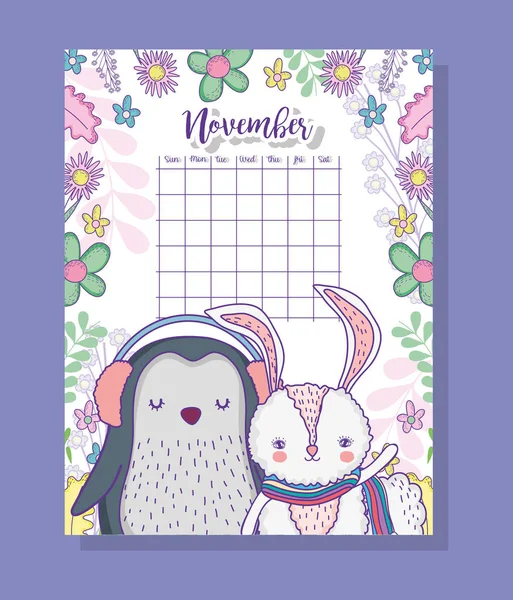 Noviembre Calendario Información Con Pingüino Conejo Vector Ilustración — Vector de stock