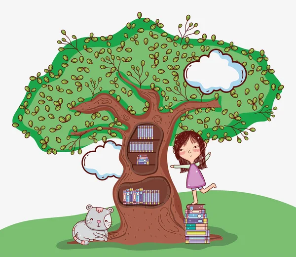 Linda Chica Con Árbol Biblioteca Dibujos Animados Vector Ilustración Diseño — Vector de stock