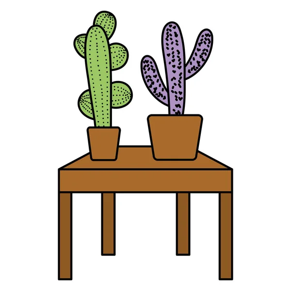 テーブルのベクトル図に植木鉢の中の色自然のサボテンの植物 — ストックベクタ