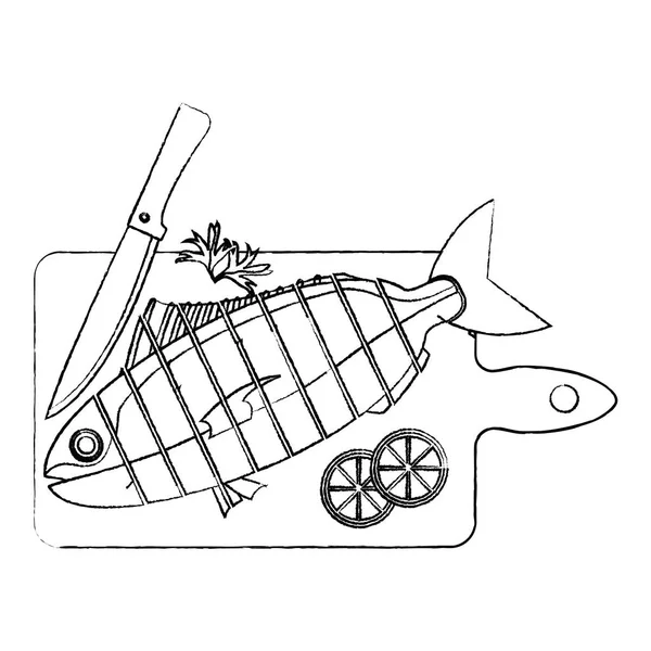 Grunge Gehackten Fisch Mit Zitrone Und Messer Schneidebrett Vektor Illustration — Stockvektor