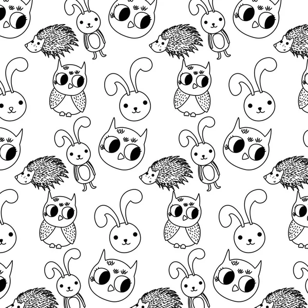 Line Cute Rabbit Porcupine Owl Animals Background Vector Illustration — Stock Vector