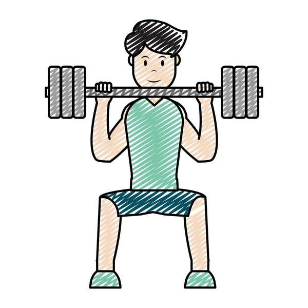 Doodle Mann Übung Mit Gewichtsgegenstand Und Sportkleidung Vektor Illustration — Stockvektor