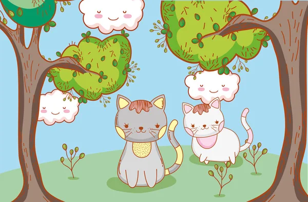kawaii bulutlar ve ağaçlar vektör çizim ile sevimli kediler