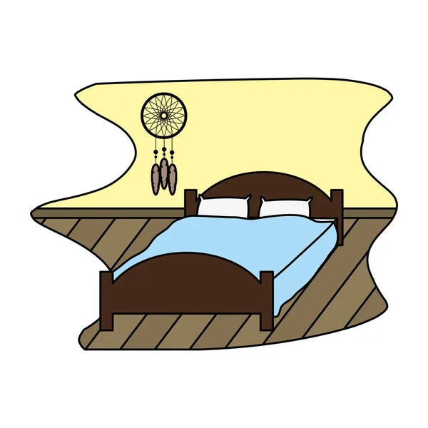 Color Cama Cómoda Con Objeto Almohada Atrapasueños Vector Ilustración — Archivo Imágenes Vectoriales