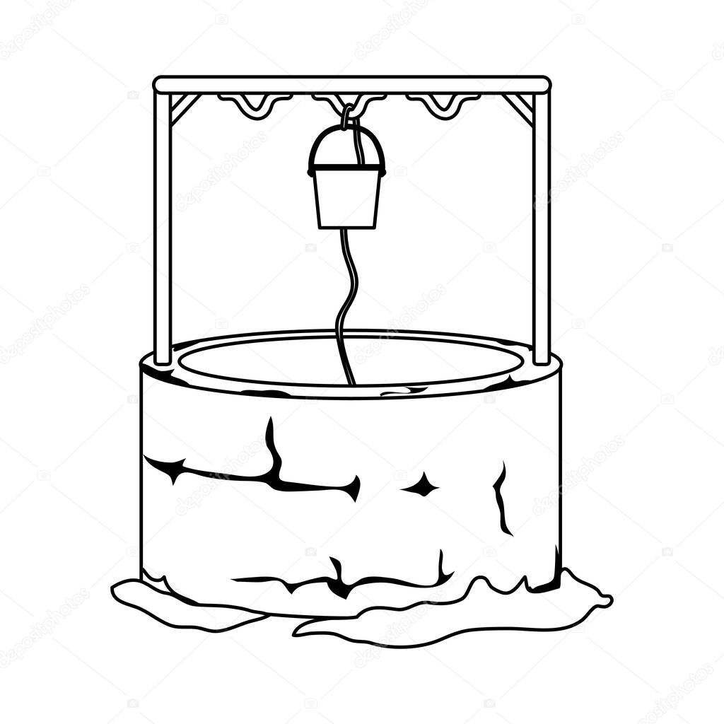 line water well hole with rope and bucket vector illustration