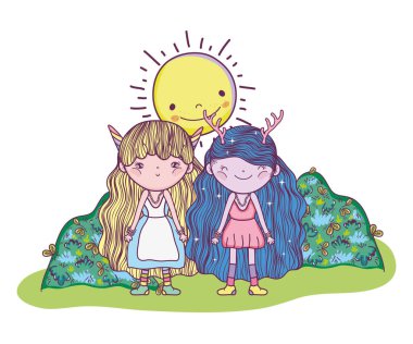 fantastik yaratıklarla kızlar güneş ve çalılar vektör çizim ile