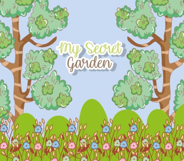 Ağaçlar çiçek ve dalları ile yaprakları ganden vektör çizim