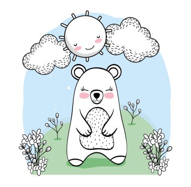 sevimli ayı hayvan çiçek bitkiler vektör çizim ile