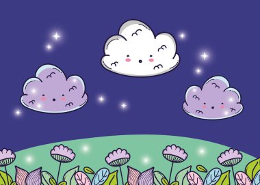 çiçekler ve yıldızlar vektör çizim ile şirin kabarık bulutlar