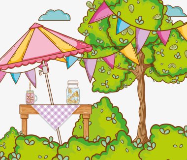 Bahçe partisi kutlama sevimli çizgi film illüstrasyon grafik tasarım vektör