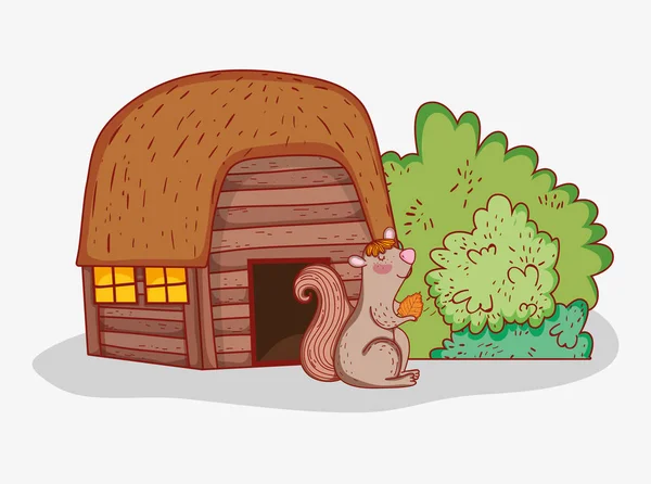 Wood House Squirrel Autumn Leaf Vector Illustration — Stock Vector