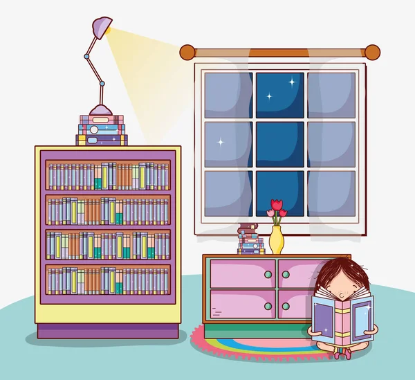 Niedliches Mädchen Mit Büchern Zimmer Cartoons Vektor Illustration Grafik Design — Stockvektor