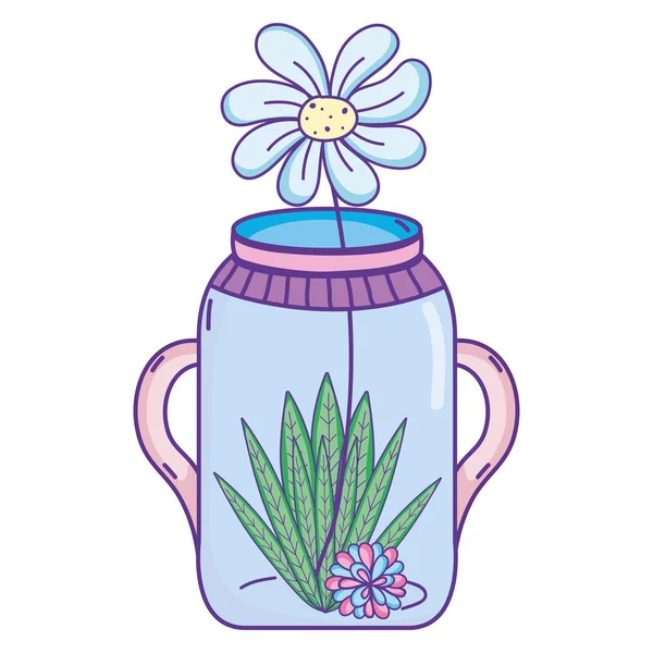 Blume Mit Pflanze Und Blättern Einmachglas Vektor Illustration — Stockvektor