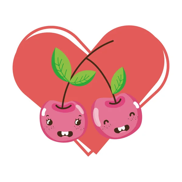 Kawaii Šťastné Třešňové Ovoce Srdcem Vektorové Ilustrace — Stockový vektor