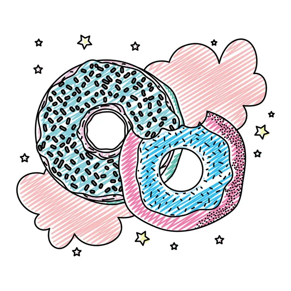 涂鸦美味的甜甜圈与云流行艺术矢量插图 — 图库矢量图片