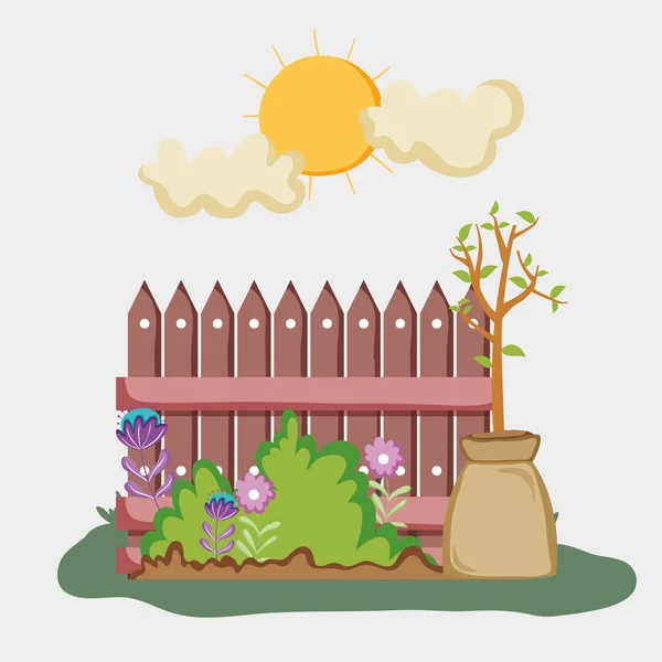 Parrilla Madera Arbusto Con Flores Plantas Vector Ilustración — Vector de stock