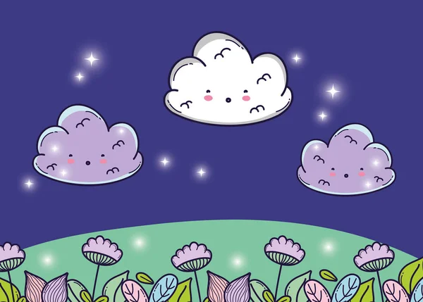 çiçekler ve yıldızlar vektör çizim ile şirin kabarık bulutlar
