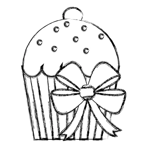 Grunge Süßes Muffin Dessert Mit Kirsche Und Schleife Vektor Illustration — Stockvektor