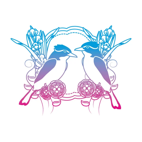 Línea Degradada Pareja Pájaro Animal Con Flores Decoración Vector Ilustración — Archivo Imágenes Vectoriales