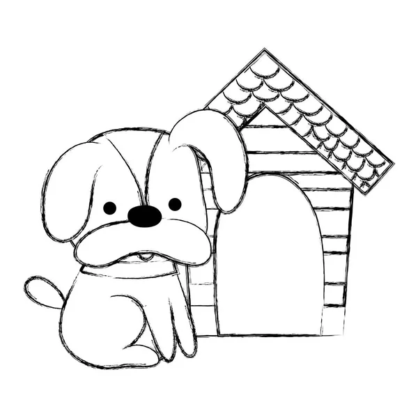 Grunge Hund Husdjur Djur Med Trä Hus Vektorillustration — Stock vektor