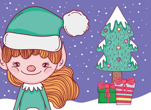 Elf Pine Tree Christmas Presents Vector Illustration — Stock Vector