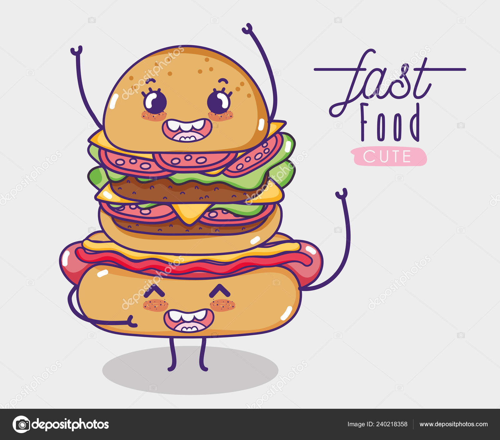 Kawaii desenho animado hambúrguer fast food imagem vetorial de