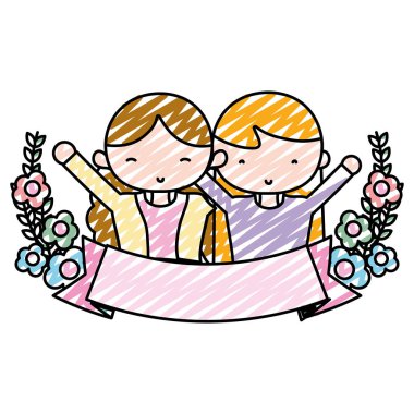 kadın arkadaşlar çiçek tarzı ve şerit vektör çizim ile doodle