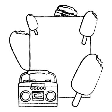 Grunge amblemi buz lolly ve radyo nesne vektör çizim ile