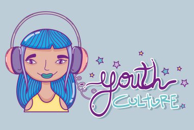 Modern saç modeli ve aksesuarlar vektör çizim grafik tasarım ile genç kadın