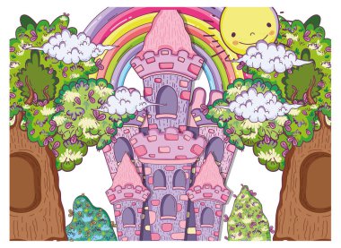 ağaçlar ve güneş vektör çizim ile fantastik kale