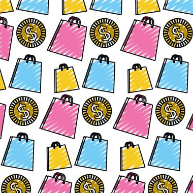 Doodle shoppig çanta ve sikke para birimi arka plan illüstrasyon vektör