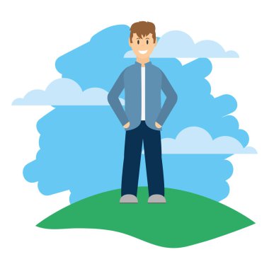 giysilerini ve saç modeli manzara vektör çizim ile mutlu adam